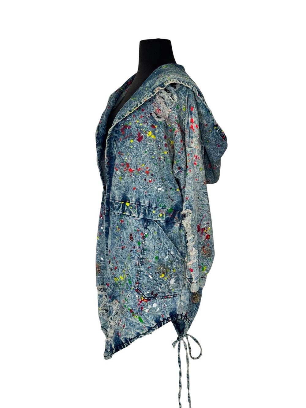 Unique Denim Distressed Upcycled Vintage Hooded Jacket W/paint Splatter XL - Picture 2 of 6